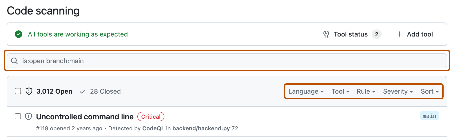 GitHub documentation example showing code-scanning filters for language, tool, rule and severity